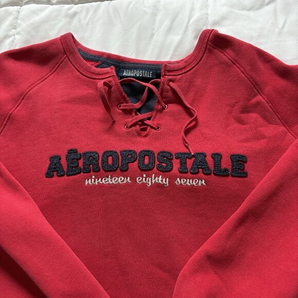Vintage 90s Y2K Aeropostale Womans Size Medium Cropped Sweatshirt Tie Front Red - Picture 2 of 8